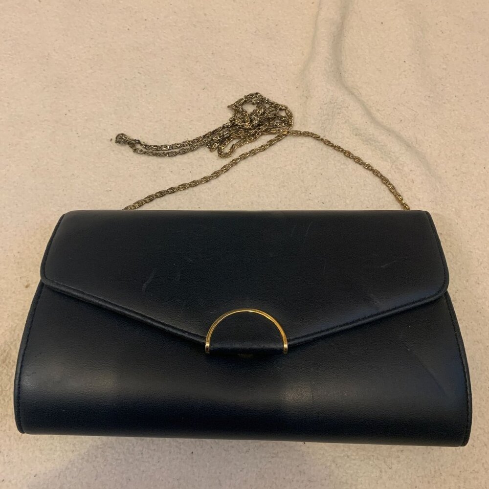 Vintage ANDE' Dark Blue Clutch Purse Evening Handbag Gold Chain Shoulder Strap